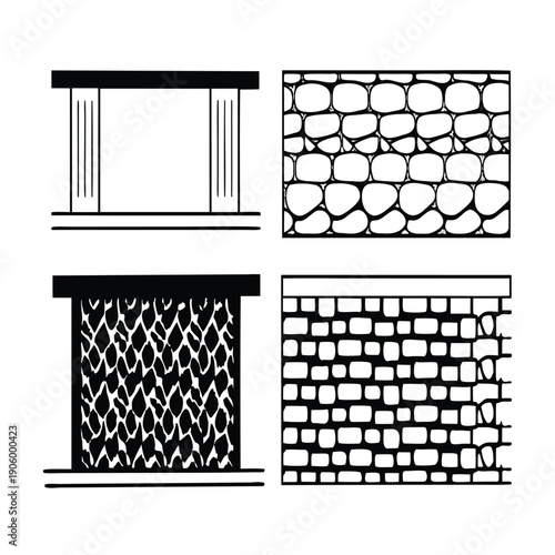 CAD Texture Drawings, stone wall  top and side view patterns, Stone, Gravel, and Pebble Section Pattern Outline Vector for Architectural Material Design