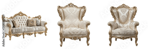 A Triptych of Ornate Rococo-Style Furniture, Featuring a Tufted Cream Sofa and Matching High-Back Armchairs with Elaborate Gold-Carved Frames Isolated on a White Background.