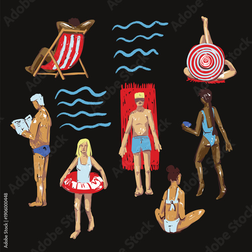 Summer people beach vector isolated with vacation activities swimming relaxing sunbathing illustration
