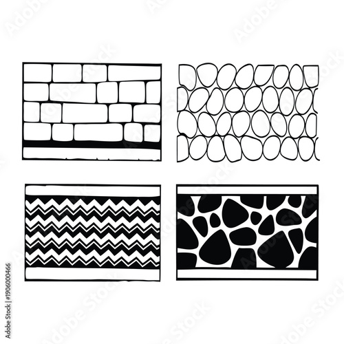 CAD Texture Drawings, stone wall  top and side view patterns, Stone, Gravel, and Pebble Section Pattern Outline Vector for Architectural Material Design