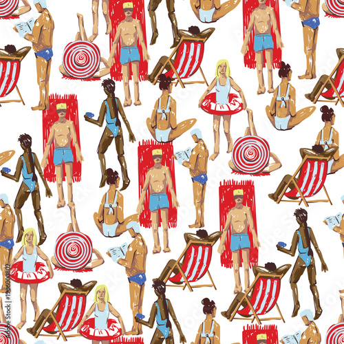 Summer people beach seamless vector pattern with vacation activities swimming relaxing sunbathing illustration