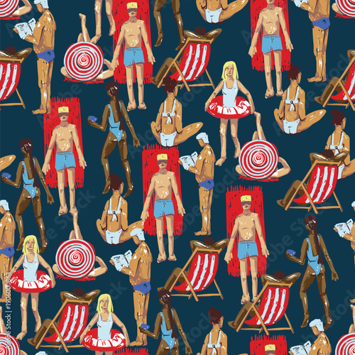 Summer people beach seamless vector pattern with vacation activities swimming relaxing sunbathing illustration