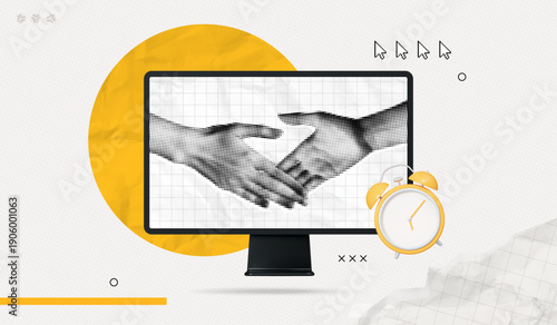 Trendy Halftone Business Collage. Get good deal and partnership concept. Computer monitor with handshakes and alarm clock. Time to startup. Career training. Contemporary vector illustration art