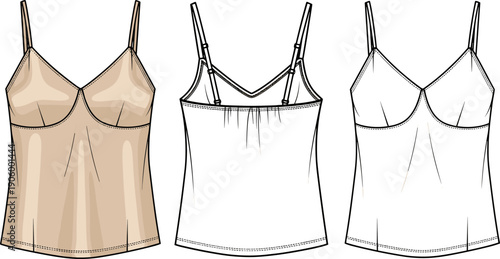 Women's V-Neck Camisole Technical Flat Sketch, Silk Slip Tank Top Front Back Flat Vector