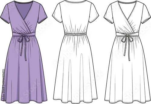 Women's V-Neck Wrap Midi Dress Fashion Technical Flat Sketch Vector Illustration Set