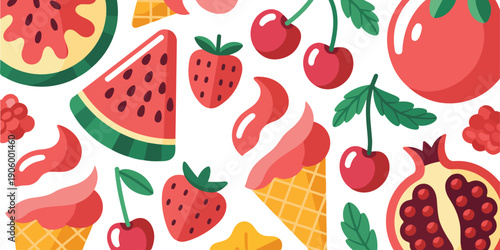 Sweet Pink Summer Fruit & Ice Cream Vector Set  Strawberry, Watermelon, Cherry & Popsicles