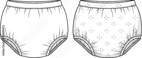 Baby Bloomer Diaper Cover Technical Flat Sketch Vector - Infant Briefs Template with Pattern View