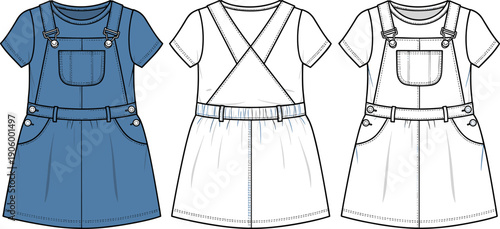 Baby Girl Pinafore Jumper Dress Technical Flat Vector Sketch Front and Back View