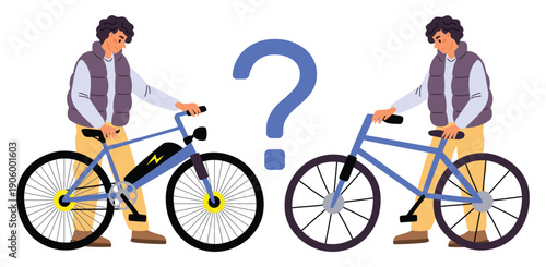 Young man chooses between regular and electric bicycle. Guy thinking about bike with electrical battery. Alternative solution. Vector concept of choosing eco friendly transportation