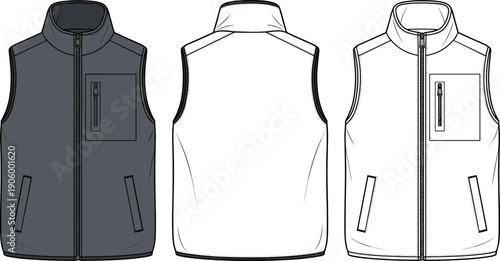 Men's Fleece Vest with Chest Pocket Technical Flat Sketch, Gilet Jacket Vector Illustration