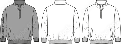 Men's Quarter Zip Sweatshirt Technical Flat Sketch, Fleece Pullover Jacket Vector Illustration