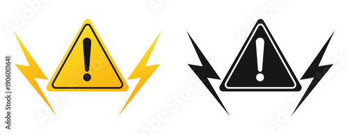 Yellow triangle with exclamation mark and lightning dangerous symbols. Silhouette attention and beware signs with danger thunderbolts. Electricity caution. Vector warning icons set