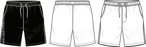 Men's Sweat Shorts Technical Flat Sketch Vector - Sports Trunks Template Front and Back View