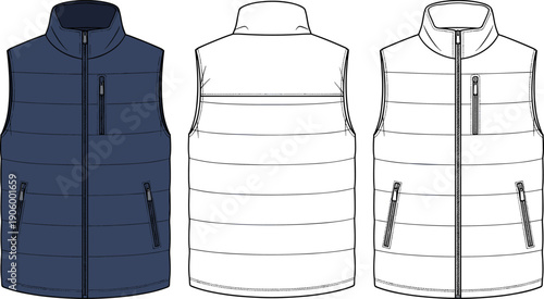 Men's Puffer Vest Technical Flat Sketch, Quilted Gilet Jacket Front and Back Vector Illustration