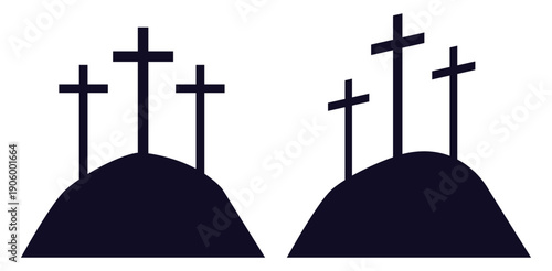 Three crosses of Mount Golgotha. Symbol of Christian religion. Jesus crucifix. Christian memorial. Death and resurrection. Holy crucifixion. Vector silhouette black spiritual icons set