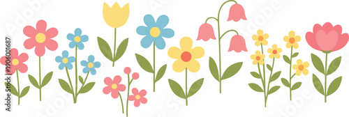 Cute colorful spring flowers vector illustration set with pastel floral elements for kids design nursery decoration and playful projects