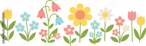 Colorful floral garden pattern vector illustration with cute spring flowers leaves pastel style for kids design background wallpaper textile decorative
