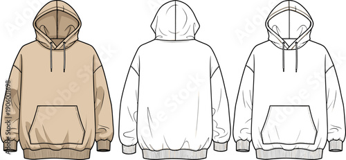 Oversized Hoodie Technical Flat Sketch Vector - Unisex Loose Fit Hoody Template Front and Back