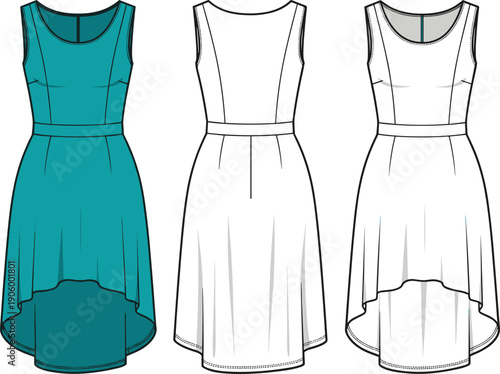 Women's Sleeveless High-Low Dress Technical Flat Sketch, Flare Summer Dress Vector Illustration