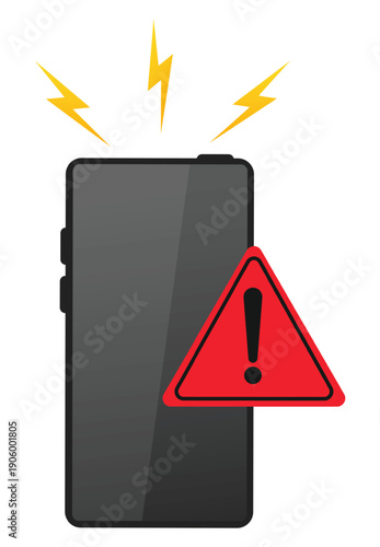 Smartphone with red exclamation mark. Important attention message. Malfunction or spam. Ring income call signal. Cellphone screen. Mobile display. Notification triangle sign. Vector vector