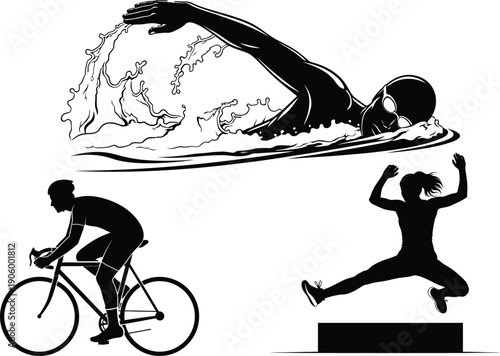 Photography Silhouette of athletes in action cycling running and surfing