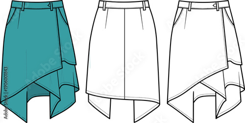 Women's Asymmetrical Wrap Skirt Technical Flat Sketch Vector - Skirt Template Front and Back View