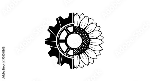 Half gear half sunflower design representing balance between industry and nature