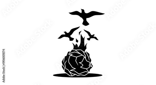 Black pineapple symbol with three birds flying out representing freedom escape and new beginnings