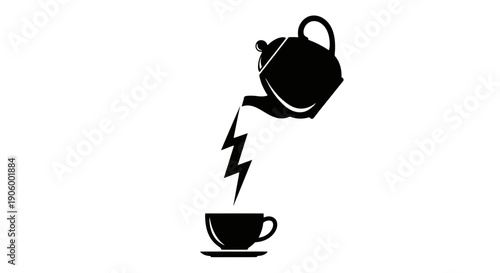 Electric energy tea concept with teapot pouring lightning bolt into cup silhouette illustration