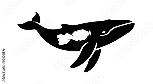 Stylized whale graphic with plastic bottle and fish inside symbolizing ocean pollution