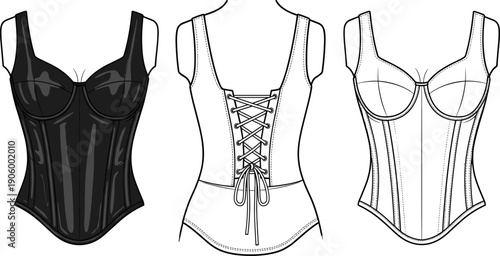 Women's Lace-up Corset Top Technical Flat Sketch Vector - Bustier Bodice Template Front and Back