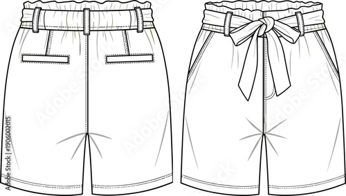 Women's Paperbag Waist Shorts Technical Flat Sketch Vector - Tie Waist Shorts Template Front and Back