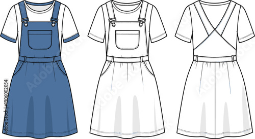 Women's Pinafore Overall Dress Technical Flat Sketch Vector - Pinafore Skirt Template Front and Back