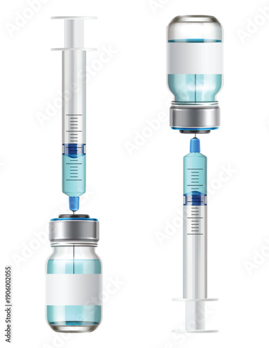 Realistic medical glass bottle with medicine and syringe. Injector needle into ampoule. Pharmaceutical 3D medicament disposable phial. Vaccine injection. Vector realistic objects set