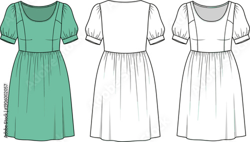 Women's Puff Sleeve Empire Waist Dress Technical Flat Sketch, Mini Flare Dress Flat Vector