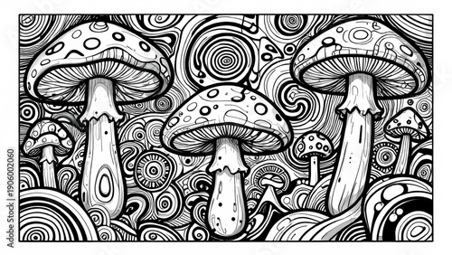  Psychedelic mushroom pattern black and white line art, trippy doodle background illustration