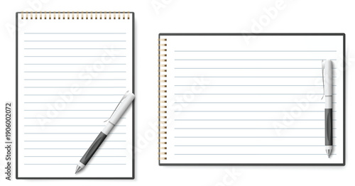 Realistic lined notebook with gold metal ring binding and ballpoint pen. School stationery. Office supplies. Blank pages for writing. Notepad sheet. Organizer notepaper. Vector objects set