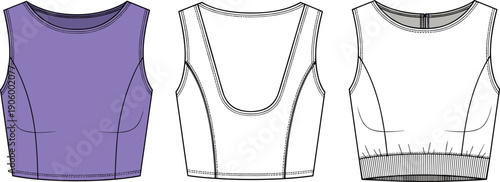 Women's Sleeveless Crop Top Technical Flat Sketch, Sports Bra Tank Top Front Back Vector