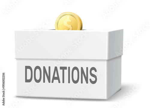 Realistic cardboard donation box with slot at top and coin. Financial aid. Humanitarian help. Volunteers support. Money sponsor. Social charity contributions. Vector isolated object