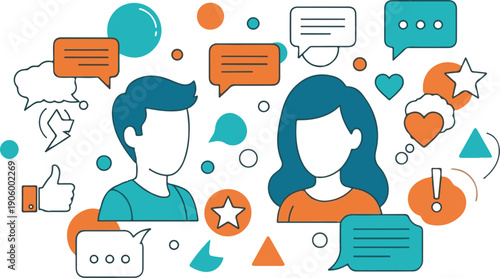 Social Media Engagement and Online Communication Illustration - People Interaction with Like, Heart, and Chat Icons