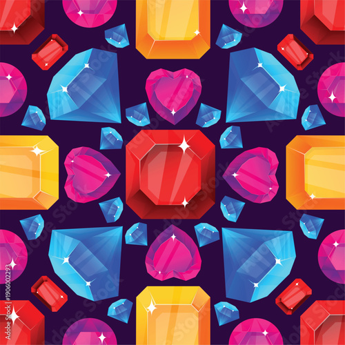 Precious stones seamless pattern. Kaleidoscopic ornament made of emeralds and rubies. Brilliant diamonds. Crystalline facets. Jewel gemstones. Heart shaped sapphires. Vector background