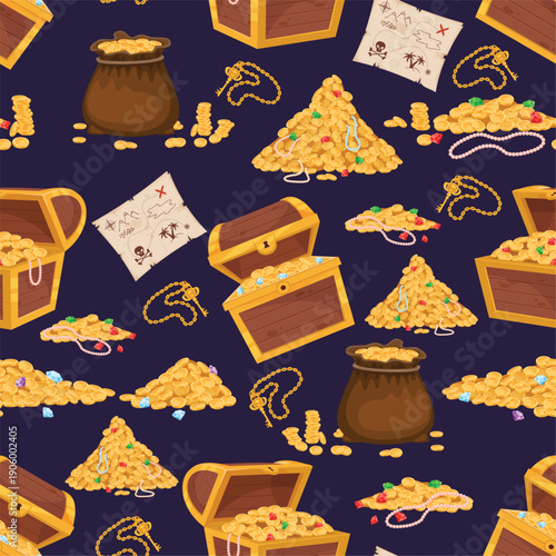 Pirate treasure seamless pattern. Precious stones. Emeralds or rubies heap. Medieval crate. Repeated print. Gold coins and pearls in chests. Filibuster ancient map. Vector background