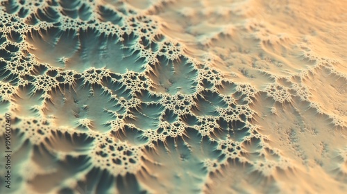 Intricate fractal pattern with teal and beige hues on textured surface