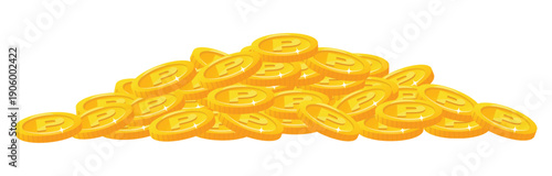 Pile of shiny gold point coins on white background. Precious money. Treasure cash. Finance savings. Currency profit heap. Golden monetary. Financial success. Vector concept of wealth