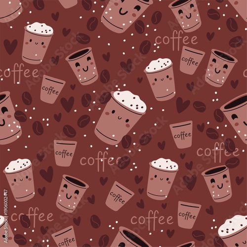 Paper cups with coffee seamless pattern. Cappuccino against background of Arabica beans Happy espresso cartoon character face. Repeated print. Barista drink. Cafe beverage. Vector backdrop