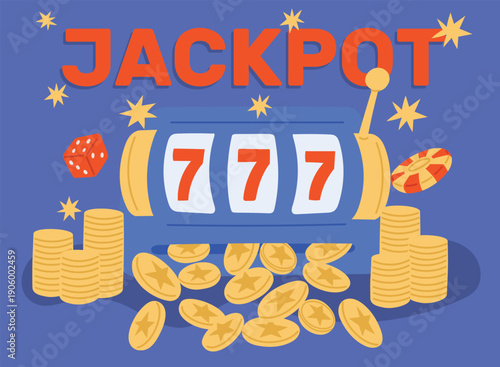 Online casino banner with jackpot. Gold coins and slot machine roll. Gamble winning. Money coins. Gambling chips and dice. Vegas game prize. Betting bingo. Fortune success vector banner