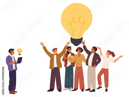 One person gives birth to small idea lightbulb. Large team of people with big business creative solution. Productive brainstorm. Businessmen teamwork. Group achievement. Vector concept