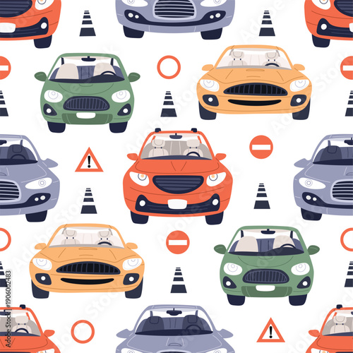 Multicolored passenger cars against backdrop of road signs. Automobiles traffic seamless pattern. Transport driving. Repeated print. Stop and attention signposts. Vector background