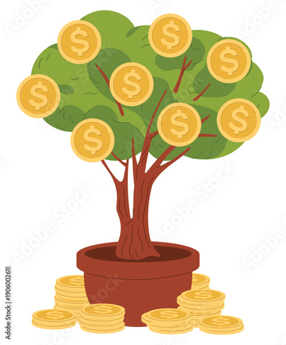 Green money tree with gold coins on branches in ceramic pot. Successful investment. Financial income and savings growth. Economy success. Plant growing in flowerpot. Vector concept