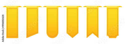 Golden tags. Sale stripe labels. Gold bookmarks. Scrapbook ribbon for discounts and offers. Satin flag. Edge heraldic band. Bestseller icons. Premium quality. Award stickers vector set